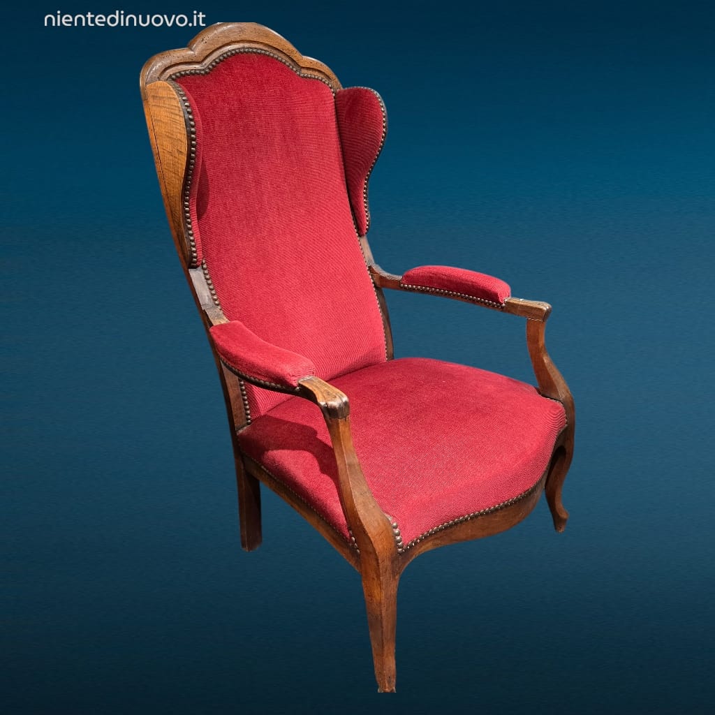 40465_12 poltrona in noce d’epoca Ottocentesca con tessuto rosso restaurata