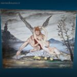 tela dipinta ad olio con angelo e ragazza, opera su fondo chiaro da incorniciare