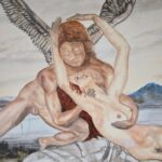 tela dipinta ad olio con angelo e ragazza, opera su fondo chiaro da incorniciare