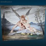 tela dipinta ad olio con angelo e ragazza, opera su fondo chiaro da incorniciare