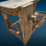 Antico tavolo da lavoro da falegname in legno massello con morsa originale