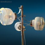 lampada vintage anni 70 in acciaio con tre diffusori in vetro soffiato originale funzionante