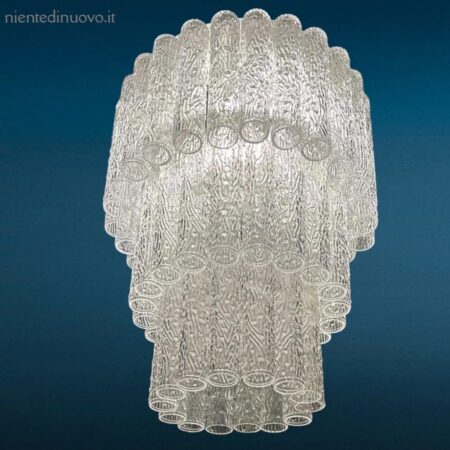 Lampadario a tubi vintage anni 60 completo in vetro chiaro a tre piani attribuibile a Toni Zuccheri