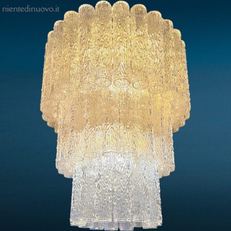 Lampadario a tubi vintage anni 60 completo in vetro chiaro a tre piani attribuibile a Toni Zuccheri