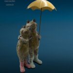 Coppia di rane in resina colorata con ombrello in ferro decorativo