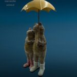 Coppia di rane in resina colorata con ombrello in ferro decorativo