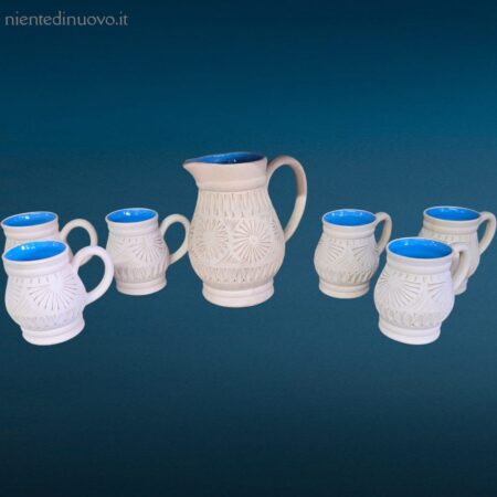 Brocca con 6 caraffe in terracotta smaltata blu artigianali