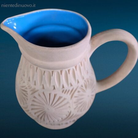 Brocca con 6 caraffe in terracotta smaltata blu artigianali
