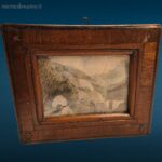 Vecchio quadretto miniatura acquaforte con cornice antica in legno e dettagli incisi con precisione