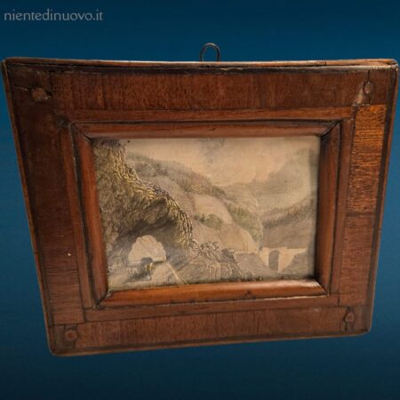 Vecchio quadretto miniatura acquaforte con cornice antica in legno e dettagli incisi con precisione