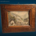 Vecchio quadretto miniatura acquaforte con cornice antica in legno e dettagli incisi con precisione