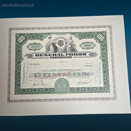 certificato azionario General Foods Corporation 1969 originale con cartelletta e stampa d’epoca