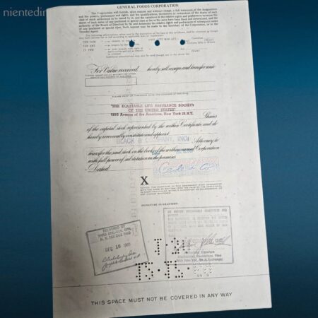 certificato azionario General Foods Corporation 1969 originale con cartelletta e stampa d’epoca