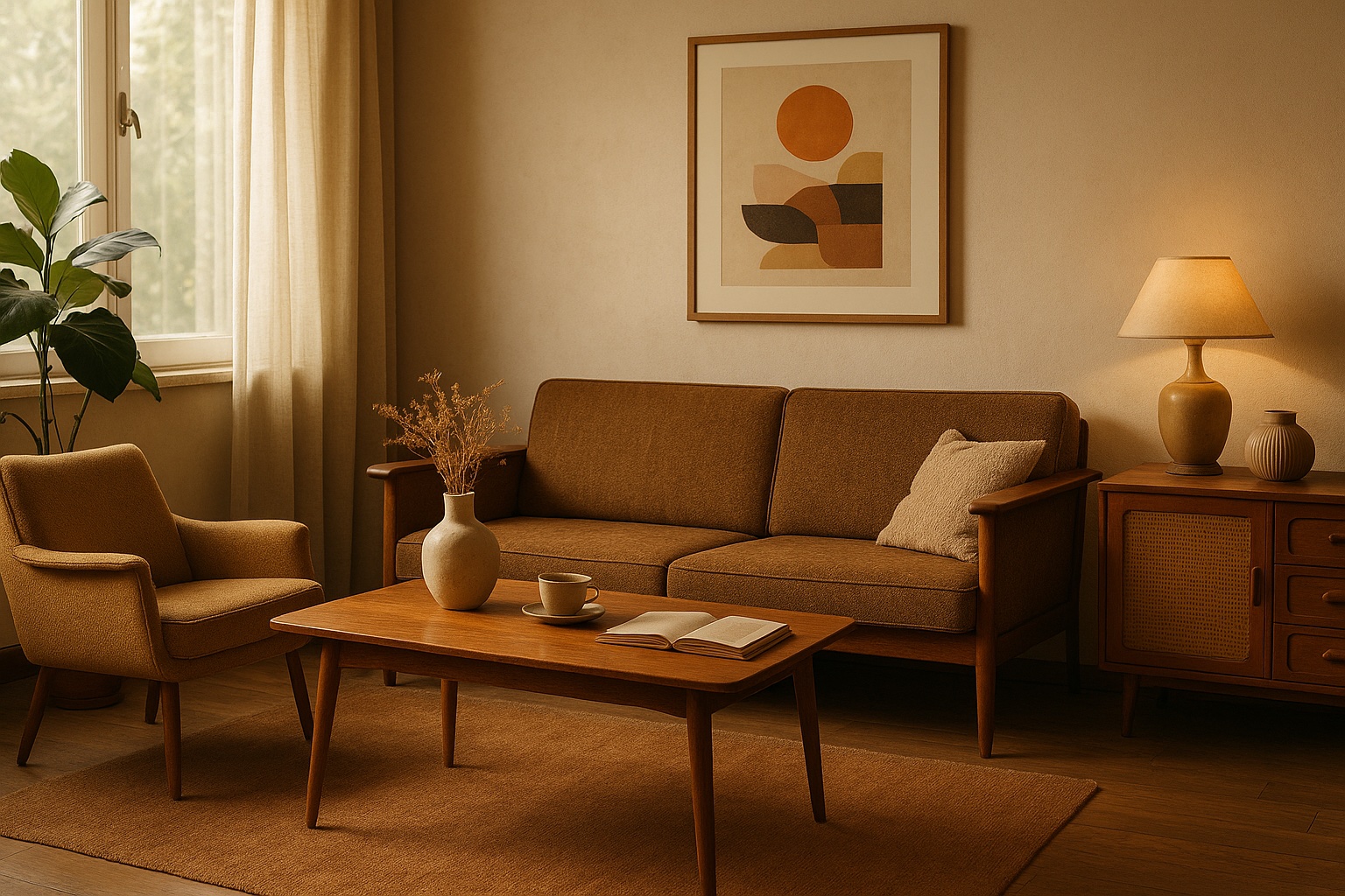 Interno luminoso con mobili vintage, luce naturale e dettagli retrò in stile abitare lento