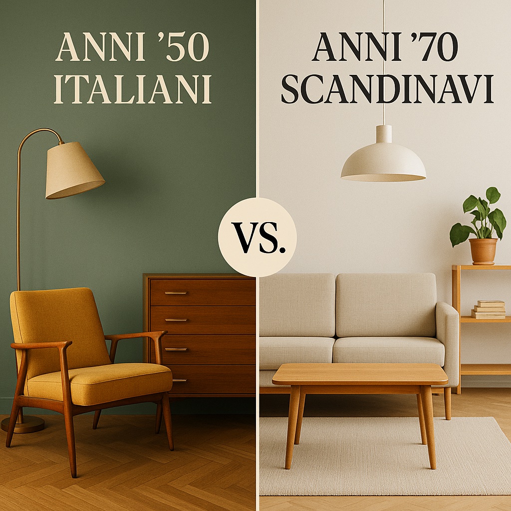 Interni a confronto: un soggiorno anni '50 italiani con colori caldi accanto a uno scandinavo anni '70 in toni neutri e minimalisti