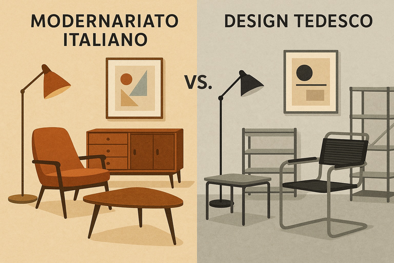 Interni a confronto: un soggiorno in stile modernariato italiano accanto a uno in puro design tedesco Bauhaus
