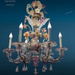 lampadario Ca Rezzonico Murano 6 luci in vetro soffiato con fiori e foglie colorate, primi '900
