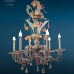 lampadario Ca Rezzonico Murano 6 luci in vetro soffiato con fiori e foglie colorate, primi '900