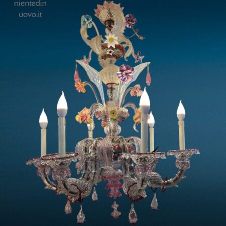 lampadario Ca Rezzonico Murano 6 luci in vetro soffiato con fiori e foglie colorate, primi '900