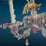 lampadario Ca Rezzonico Murano 6 luci in vetro soffiato con fiori e foglie colorate, primi '900