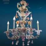 lampadario Ca Rezzonico Murano 6 luci in vetro soffiato con fiori e foglie colorate, primi '900