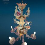 lampadario Ca Rezzonico Murano 6 luci in vetro soffiato con fiori e foglie colorate, primi '900