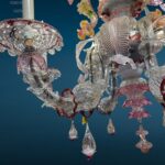 lampadario Ca Rezzonico Murano 6 luci in vetro soffiato con fiori e foglie colorate, primi '900