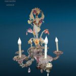 lampadario Ca Rezzonico Murano 6 luci in vetro soffiato con fiori e foglie colorate, primi '900