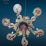 lampadario Ca Rezzonico Murano 6 luci in vetro soffiato con fiori e foglie colorate, primi '900