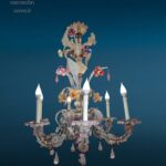 lampadario Ca Rezzonico Murano 6 luci in vetro soffiato con fiori e foglie colorate, primi '900