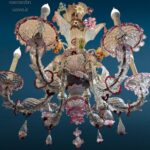lampadario Ca Rezzonico Murano 6 luci in vetro soffiato con fiori e foglie colorate, primi '900