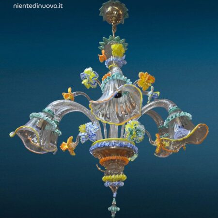 lampadario veneziano 6 luci in pasta di vetro colorata con decorazioni floreali