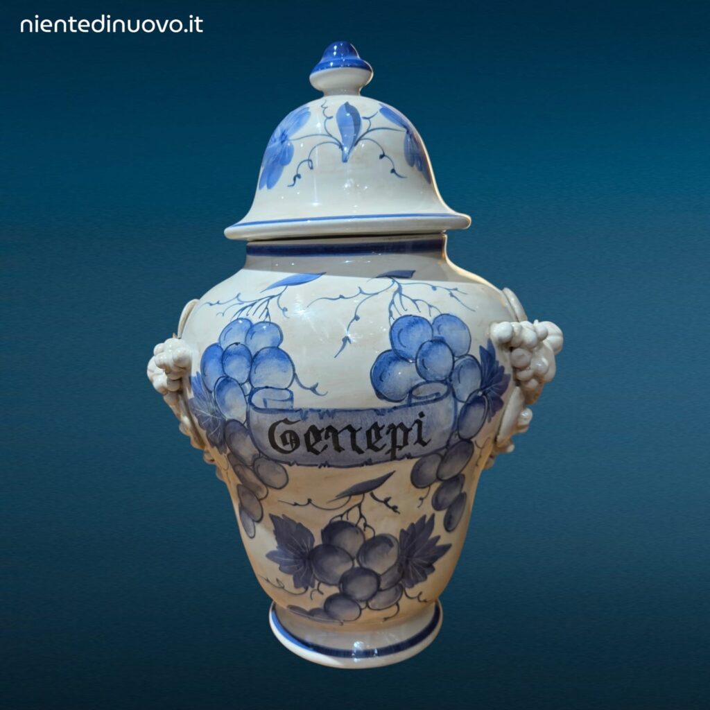 Vaso da Farmacia Erboristeria in ceramica decorata con coperchio e motivi fruttati