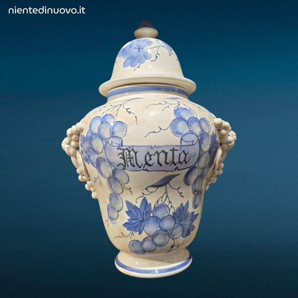 Vaso da Farmacia Erboristeria in ceramica decorata con coperchio e motivi fruttati