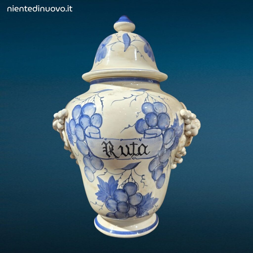 Vaso da Farmacia Erboristeria in ceramica decorata con coperchio e motivi fruttati
