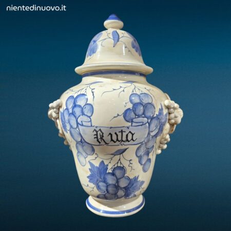 Vaso da Farmacia Erboristeria in ceramica decorata con coperchio e motivi fruttati