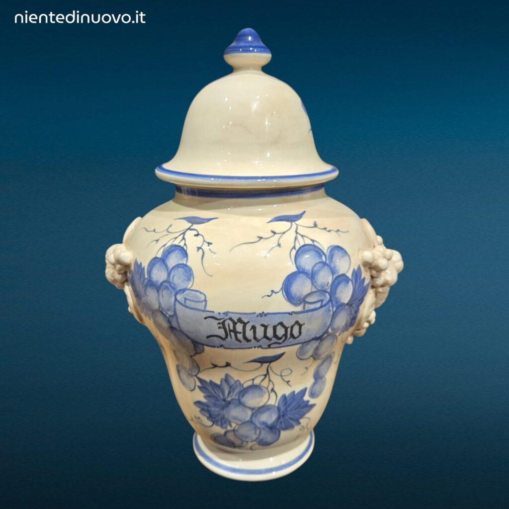 Vaso da Farmacia Erboristeria in ceramica decorata con coperchio e motivi fruttati