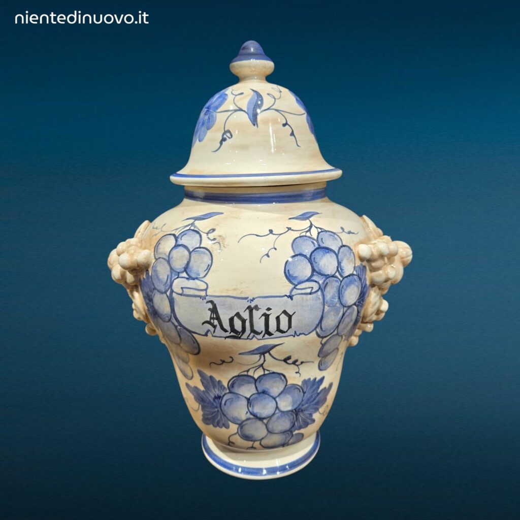 Vaso da Farmacia Erboristeria in ceramica decorata con coperchio e motivi fruttati
