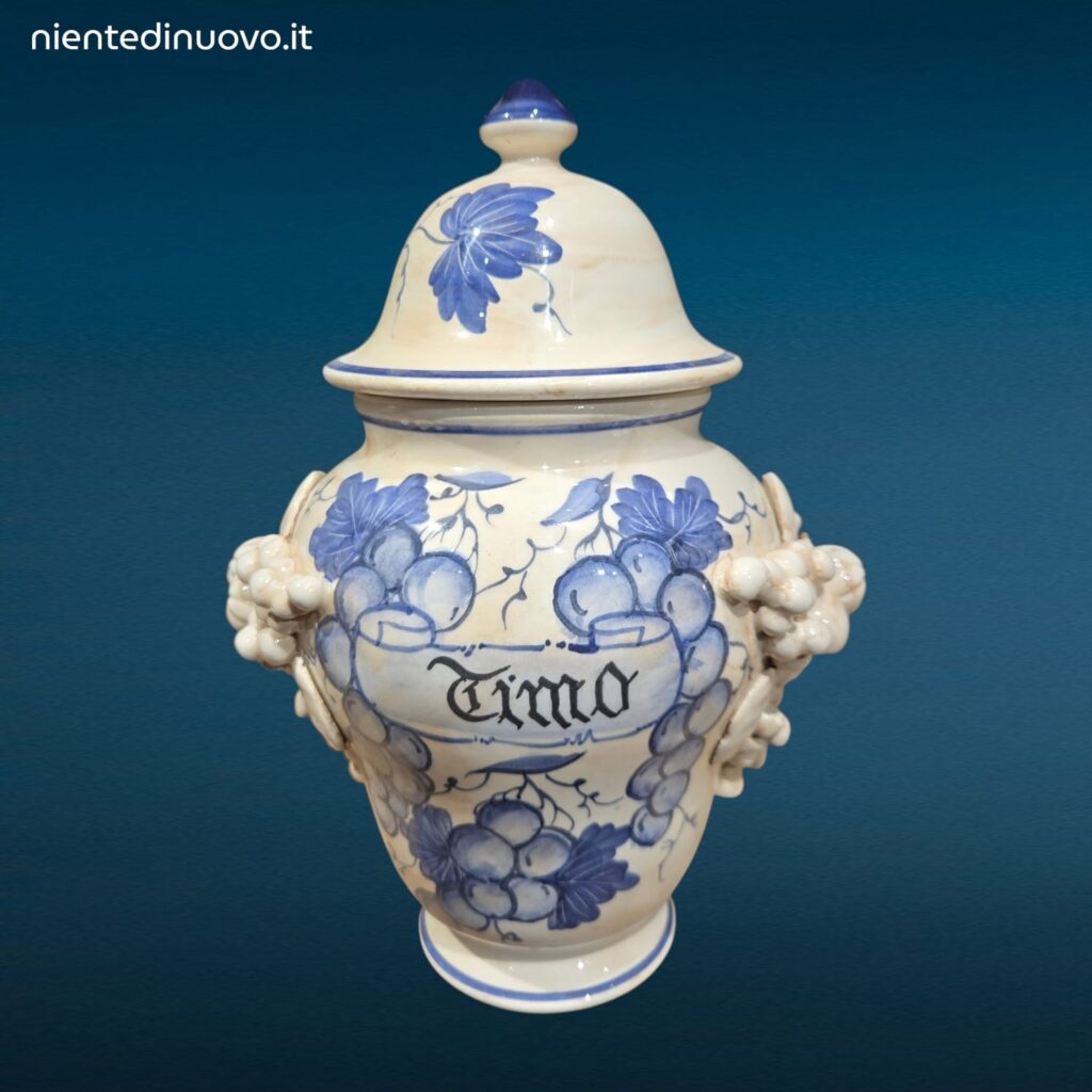 Vaso farmacia erboristeria in ceramica con coperchio e decorazioni con frutta