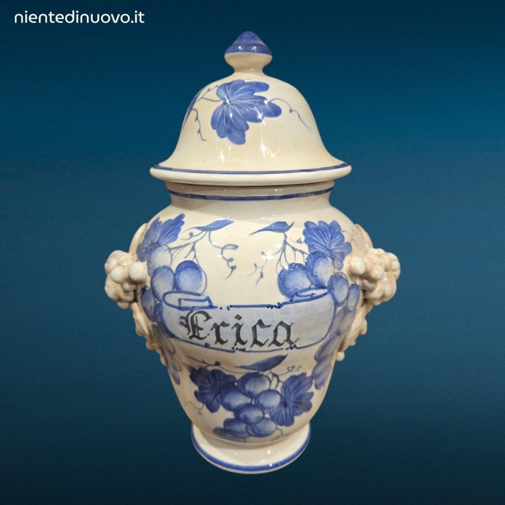 Vaso farmacia erboristeria in ceramica con coperchio e decorazioni con frutta
