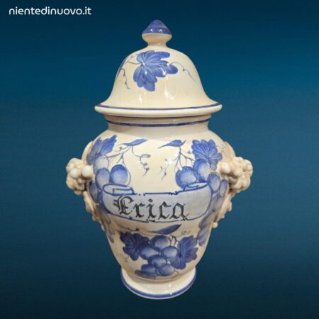 Vaso farmacia erboristeria in ceramica con coperchio e decorazioni con frutta