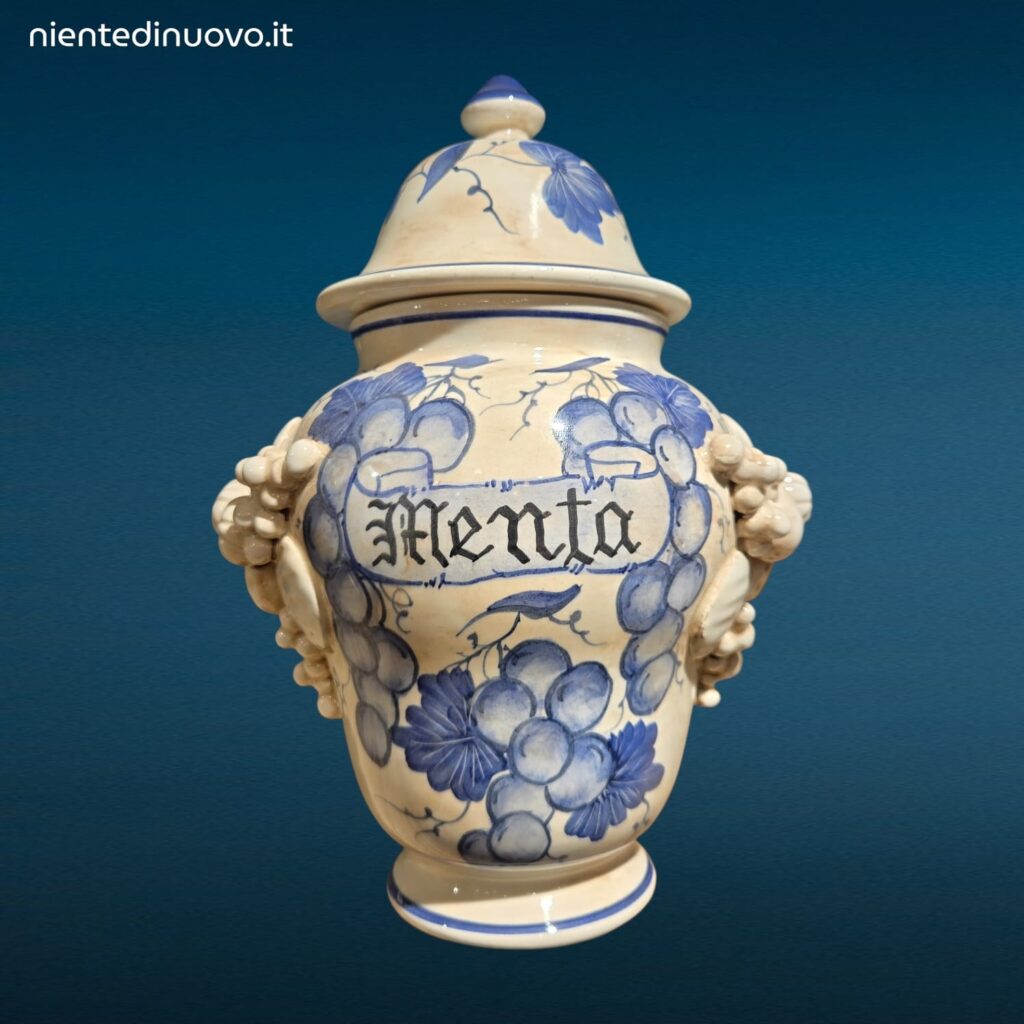 Vaso farmacia erboristeria in ceramica con coperchio e decorazioni con frutta