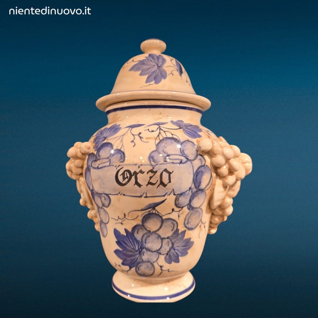 Vaso farmacia erboristeria in ceramica con coperchio e decorazioni con frutta