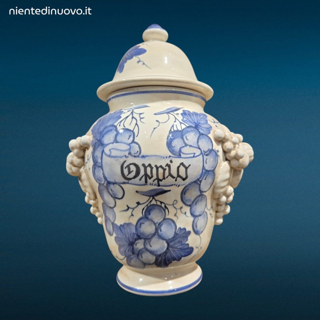 Vaso farmacia erboristeria in ceramica con coperchio e decorazioni con frutta