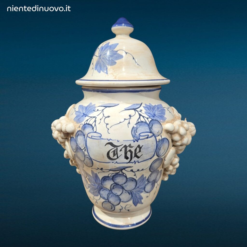 Vaso farmacia erboristeria in ceramica con coperchio e decorazioni con frutta