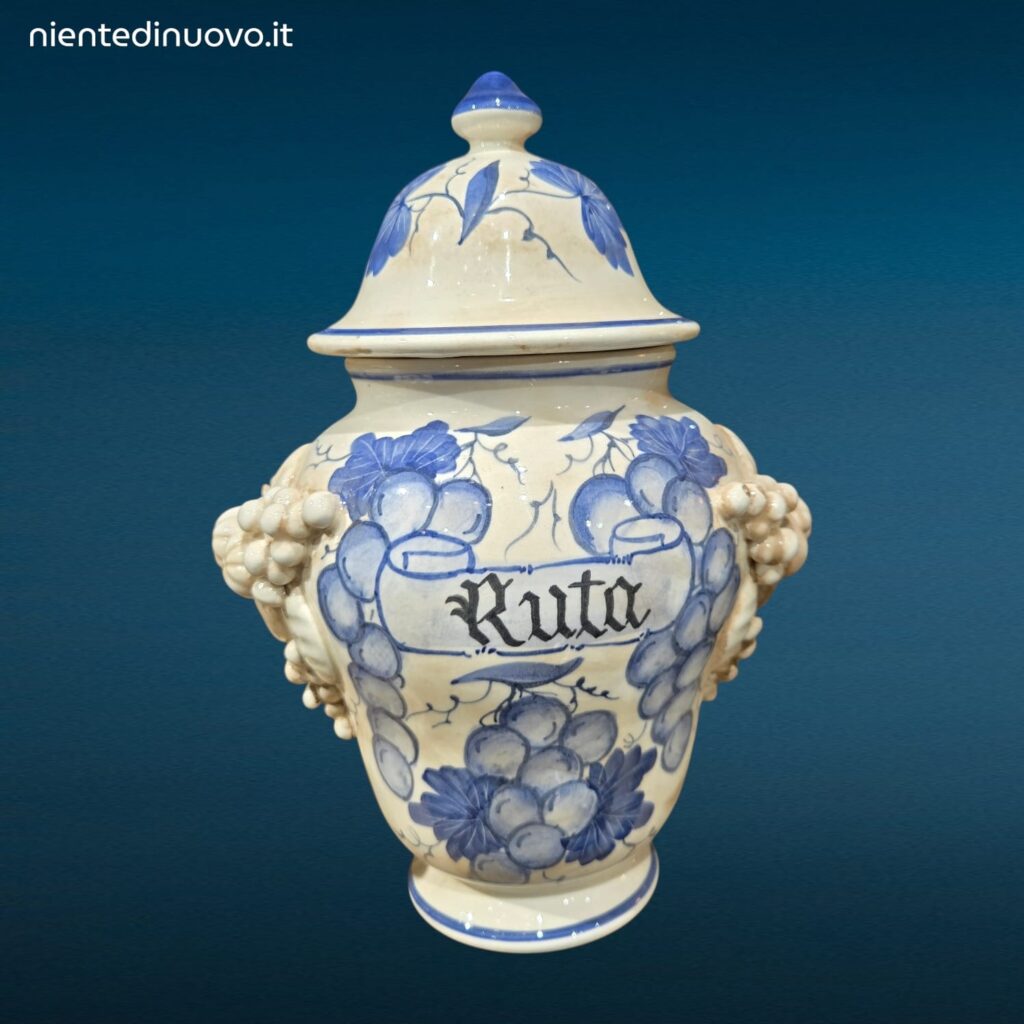 Vaso farmacia erboristeria in ceramica con coperchio e decorazioni con frutta