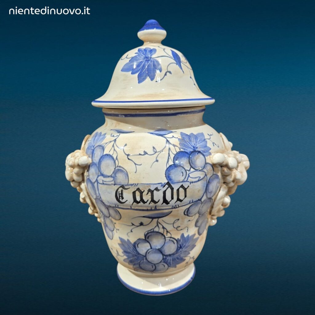 Vaso farmacia erboristeria in ceramica con coperchio e decorazioni con frutta