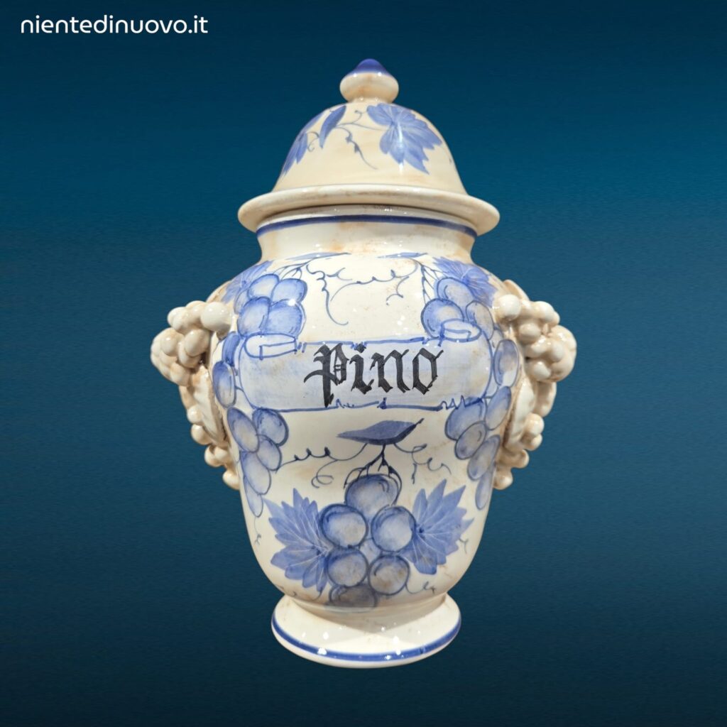 Vaso farmacia erboristeria in ceramica con coperchio e decorazioni con frutta