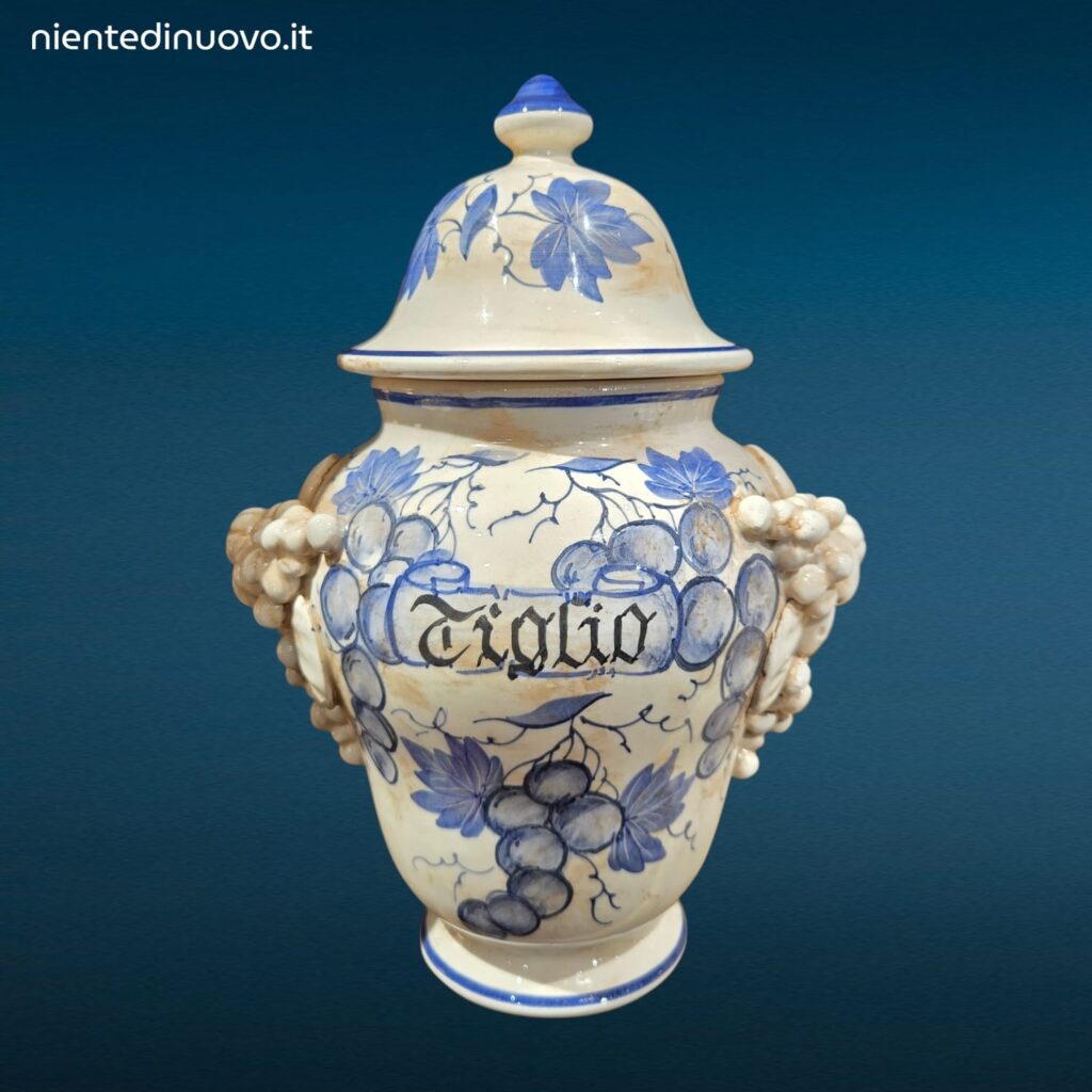 Vaso farmacia erboristeria in ceramica con coperchio e decorazioni con frutta