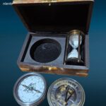 Set bussola in ottone e clessidra con scatola in legno massiccio